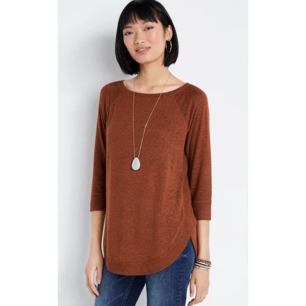 Women’s Maurices Crewneck, Cozy Pullover Three-Quarter Sleeve Rust Orange XS